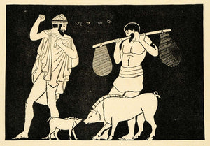 1890 Wood Engraving Farm Animal Farmer Vase Painting Peasant Pigs Hog Greek XHA1