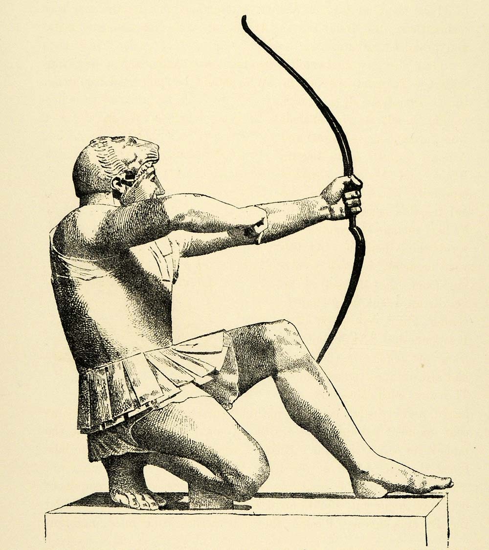 1890 Wood Engraving Heracles Fighting Bow Arrow Weapon Athena Aigina Temple XHA1
