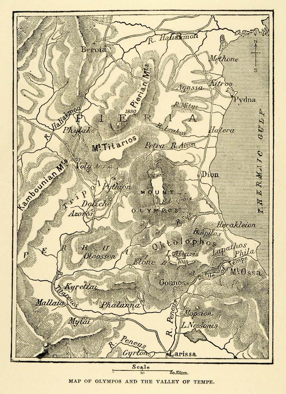 1890 Wood Engraving Map Olympos Valley Tempe Titarios Kambounian Greece XHA1