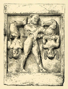 1890 Wood Engraving Heracles Kerkopes Demon Omphale Figure Deity Nude XHA1