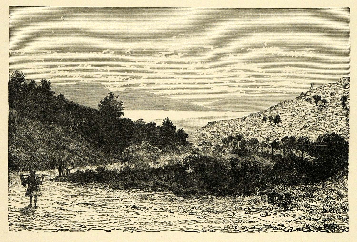 1890 Wood Engraving Bay Eleusis Sacred Road Geranian Mountains Landscape XHA1