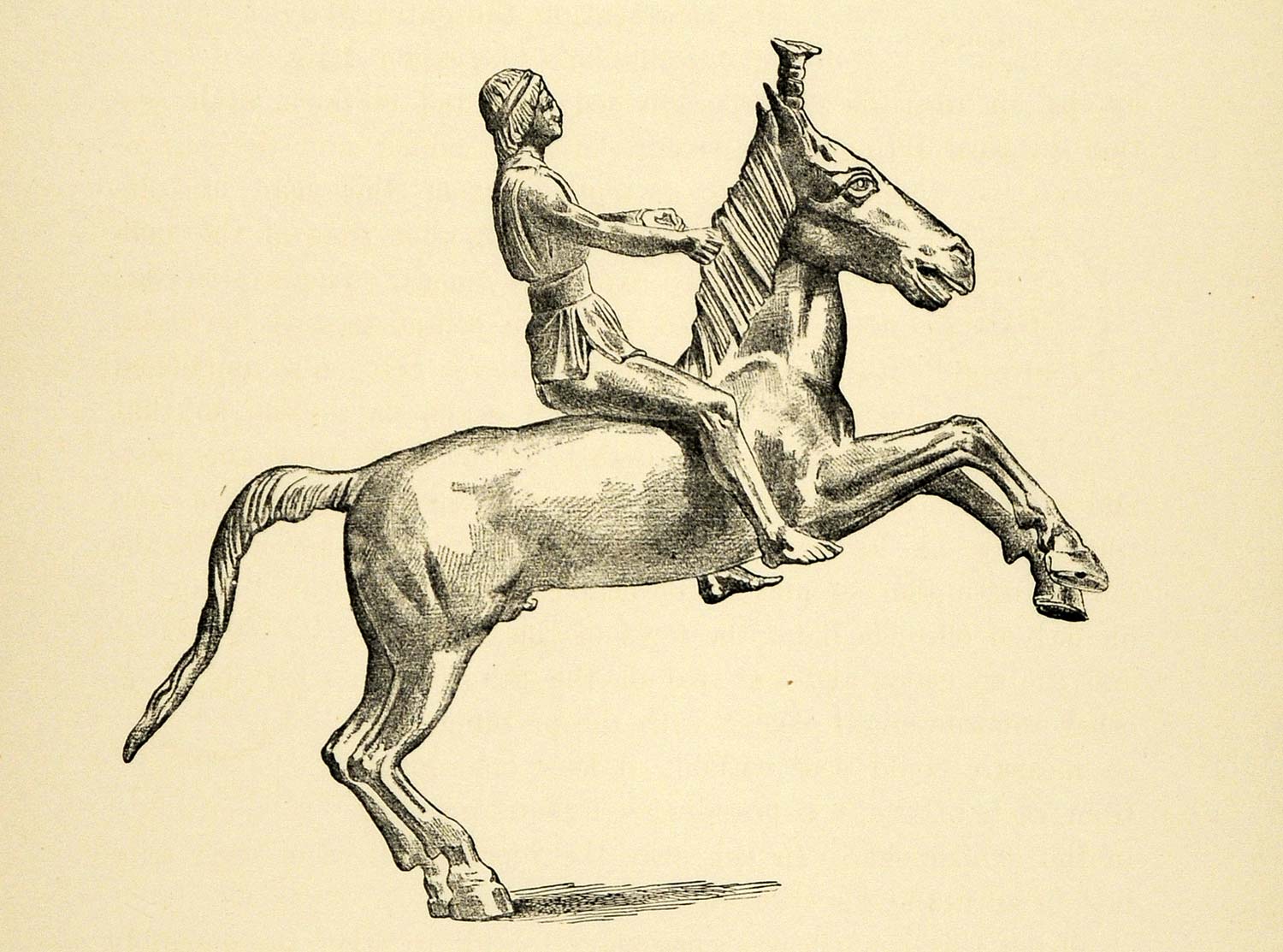 1890 Wood Engraving Horse Horseman Bronze Statue Sculpture Louvre Italy XHA1