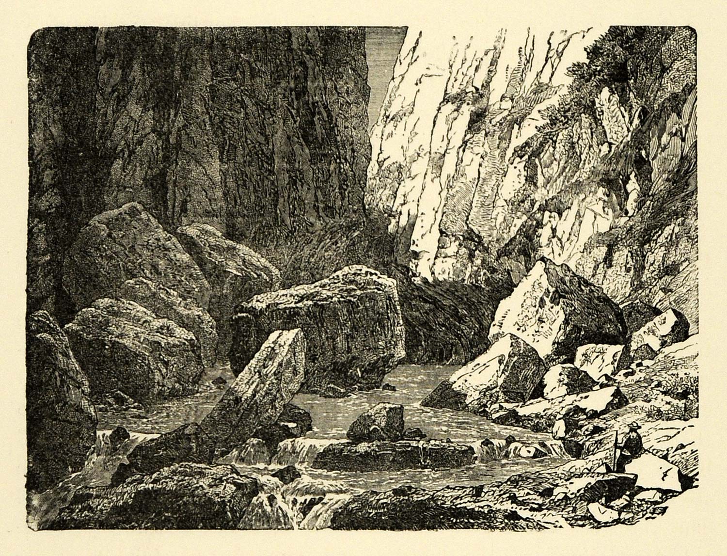 1890 Wood Engraving Gorge Fall Neda River Greece Rocks Formation Landscape XHA1