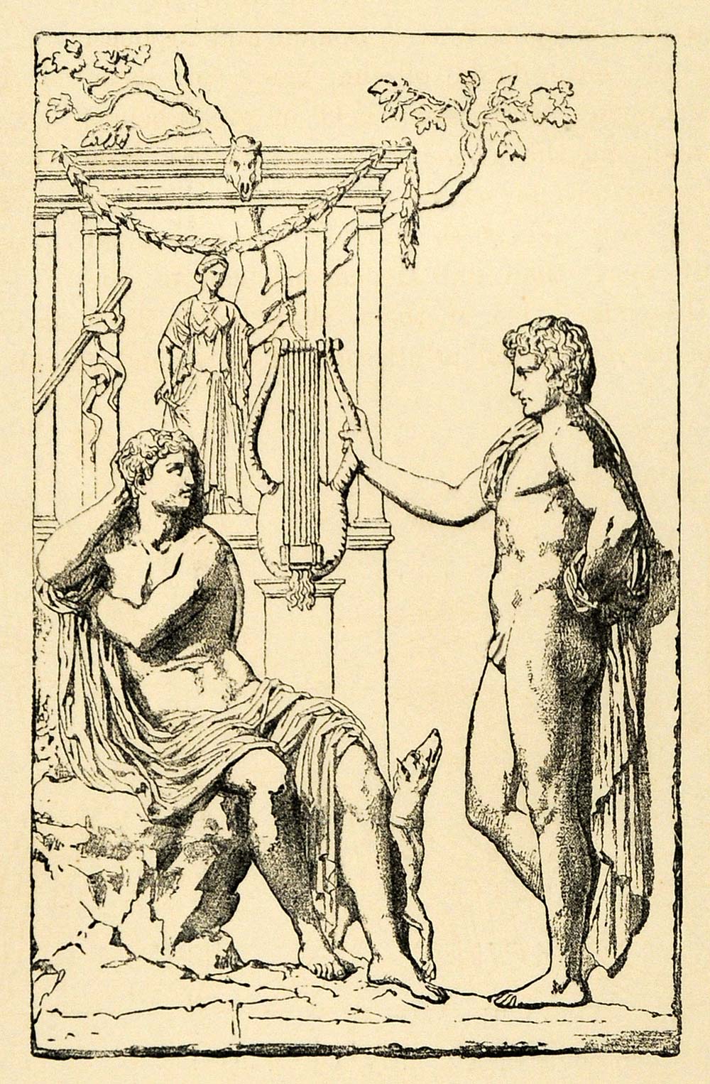 1890 Wood Engraving Lyre Palazzo Spada Amphion Zethos Altar Artemis Nude XHA1