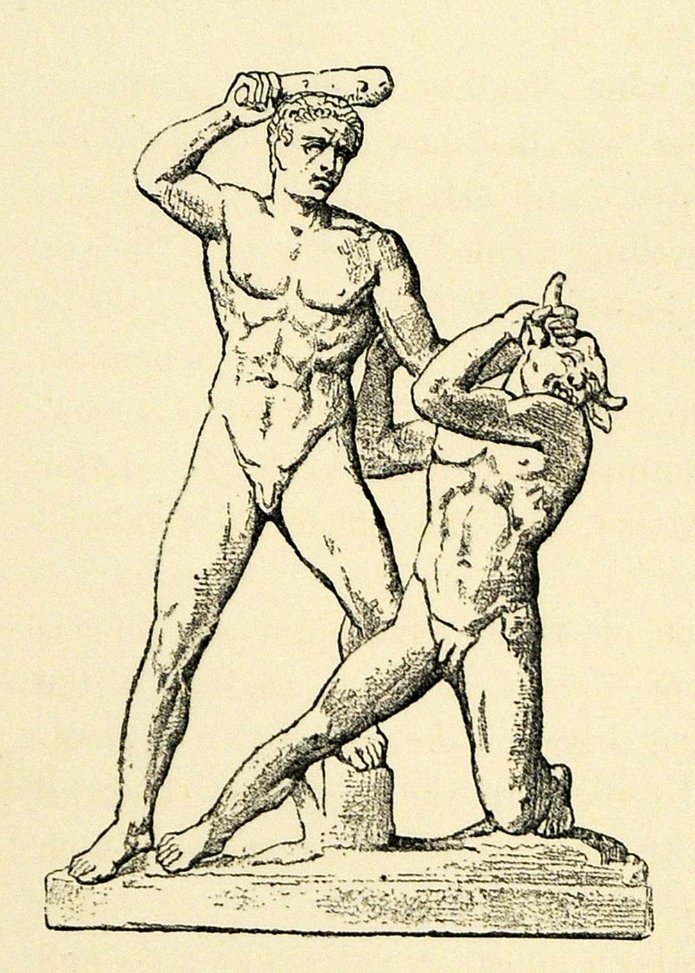 1890 Wood Engraving Theseus Minotaur Nude Mythology Monster Greek Myth Club XHA1