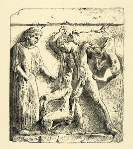 1890 Wood Engraving Actaeon Artemis Nude Metope Temple Selinous Dogs XHA1