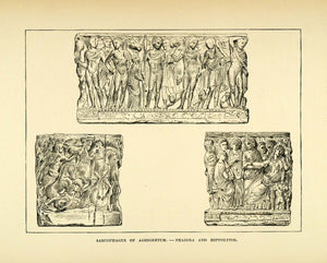 1890 Wood Engraving Sarcophagus Agrigentum Phaedra Hippolytus Mythology XHA1