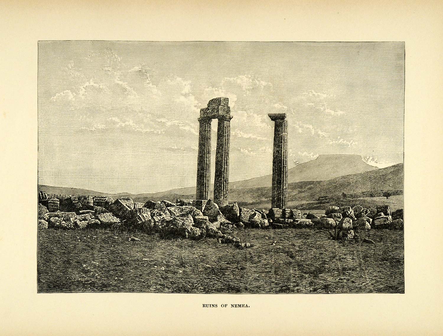 1890 Wood Engraving Column Ruins Nemea Mount Apesas Greece Temple Zeus XHA1