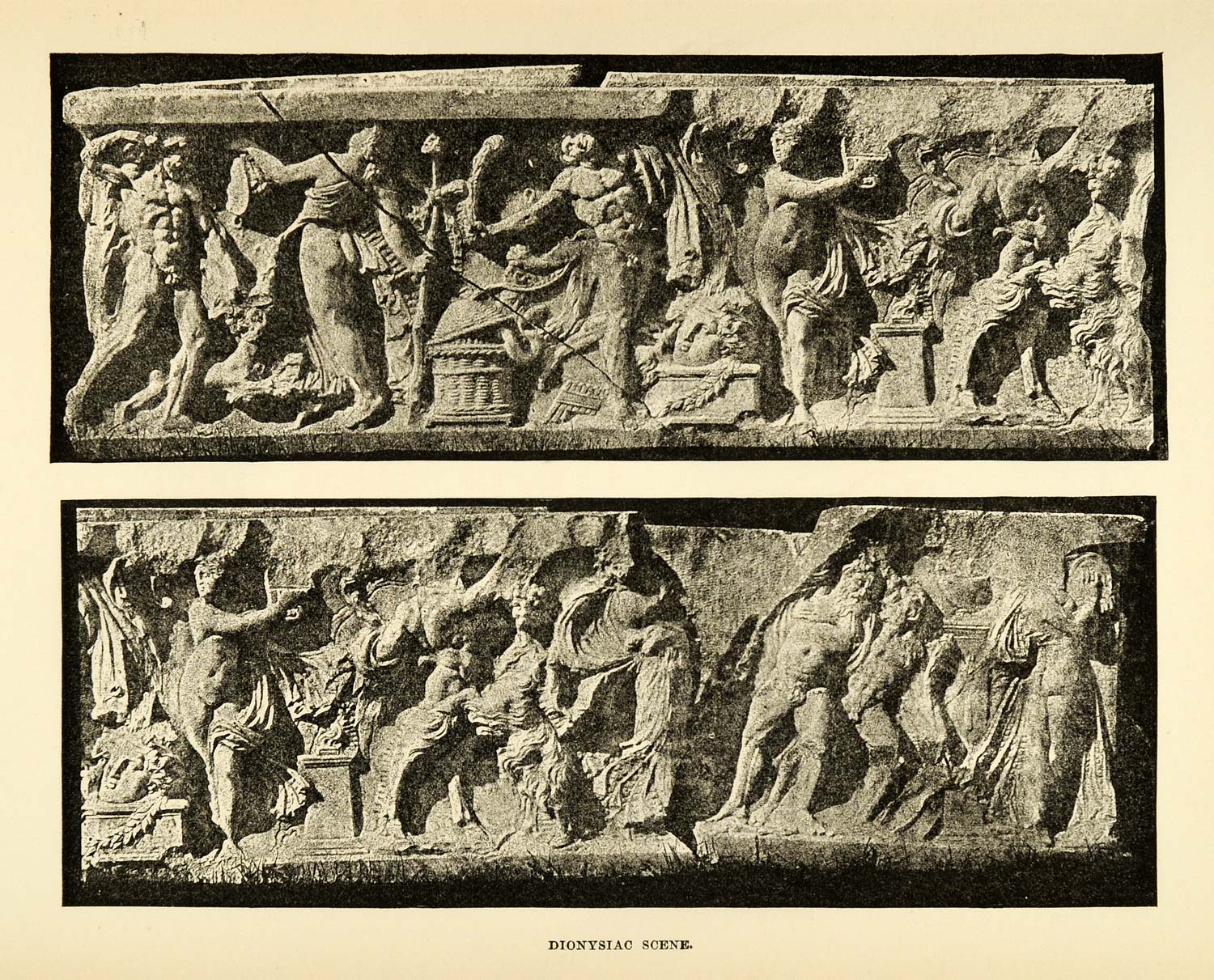 1890 Wood Engraving Dionysiac Scene Sarcophagus Satyrs Maenads Dancing XHA1