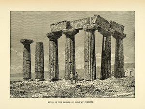 1890 Wood Engraving Corinth Temple Ruins Archeological Columns Pillars XHA1