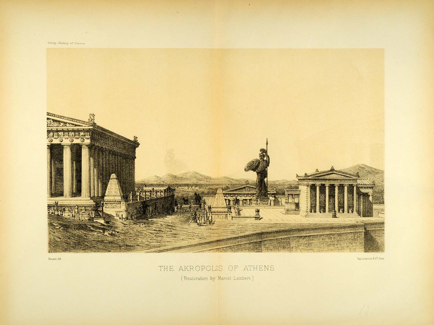 1890 Lithograph Acropolis Athens Marcel Lambert Architect Statue Greece XHA1