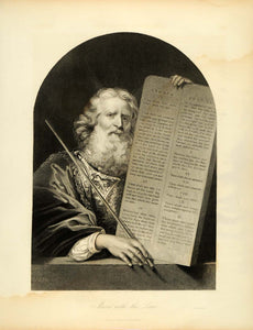 1849 Copper Engraving Moses Ten Commandments God Biblical Religious Art XHA2