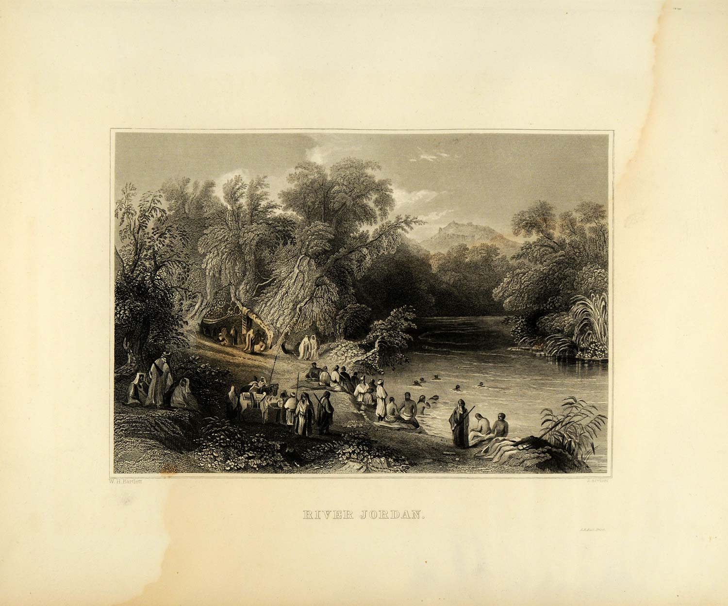 1849 Copper Engraving River Jordan Bath Bartlett Moses Religious Art XHA2