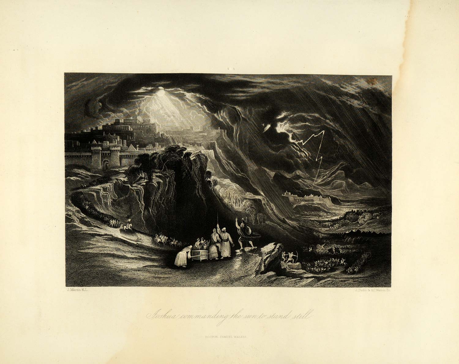 1849 Copper Engraving Joshua Religious Art Bible Exodus Duthie Gibeon Storm XHA2