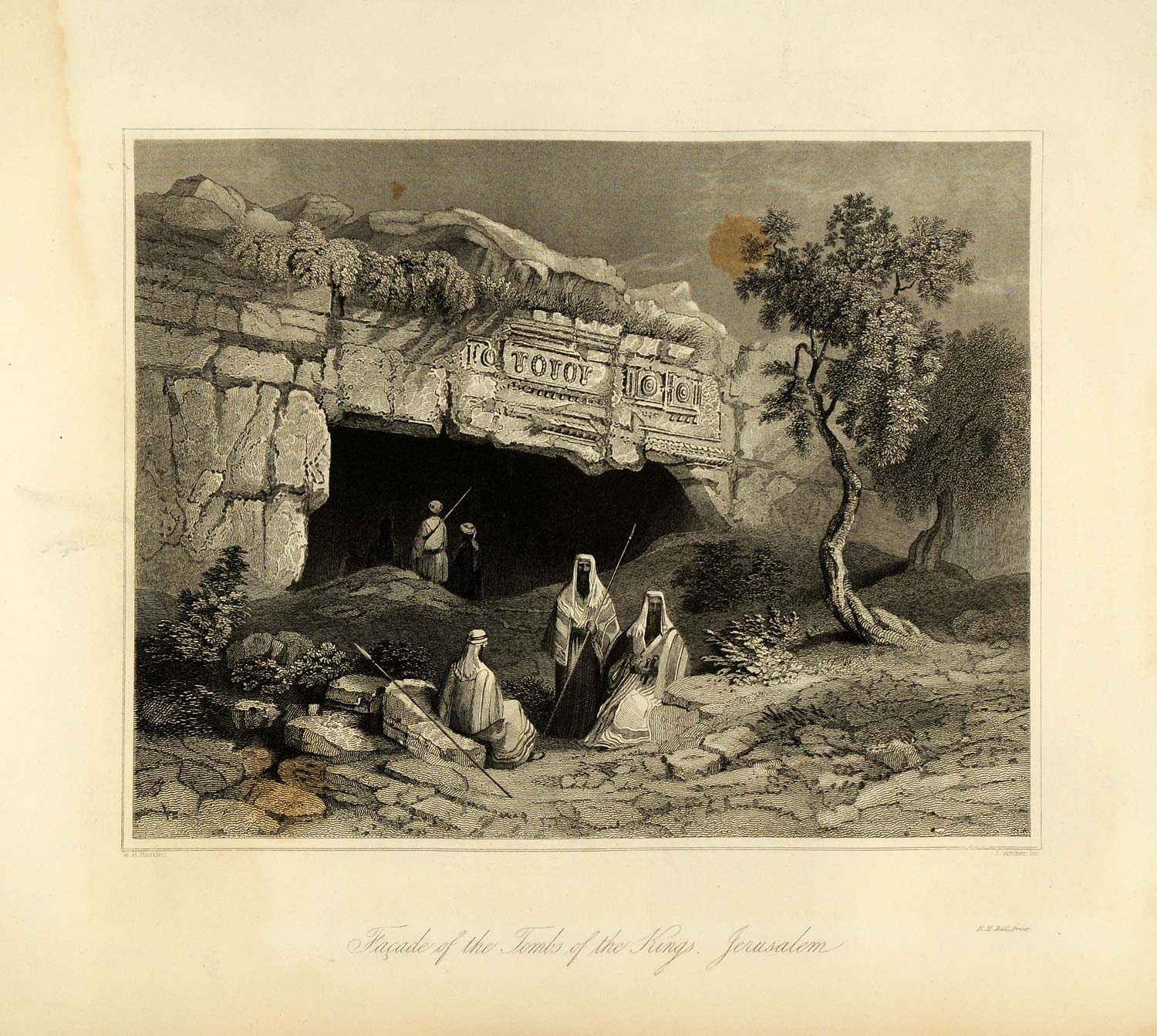 1849 Copper Engraving Tomb Kings Jerusalem Israel Rock Landscape Bartlett XHA2