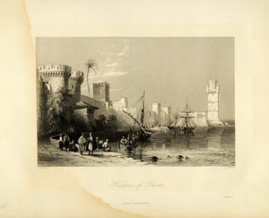 1849 Copper Engraving Rhodes Greece Biblical Bible Religious Sailing Ship XHA2