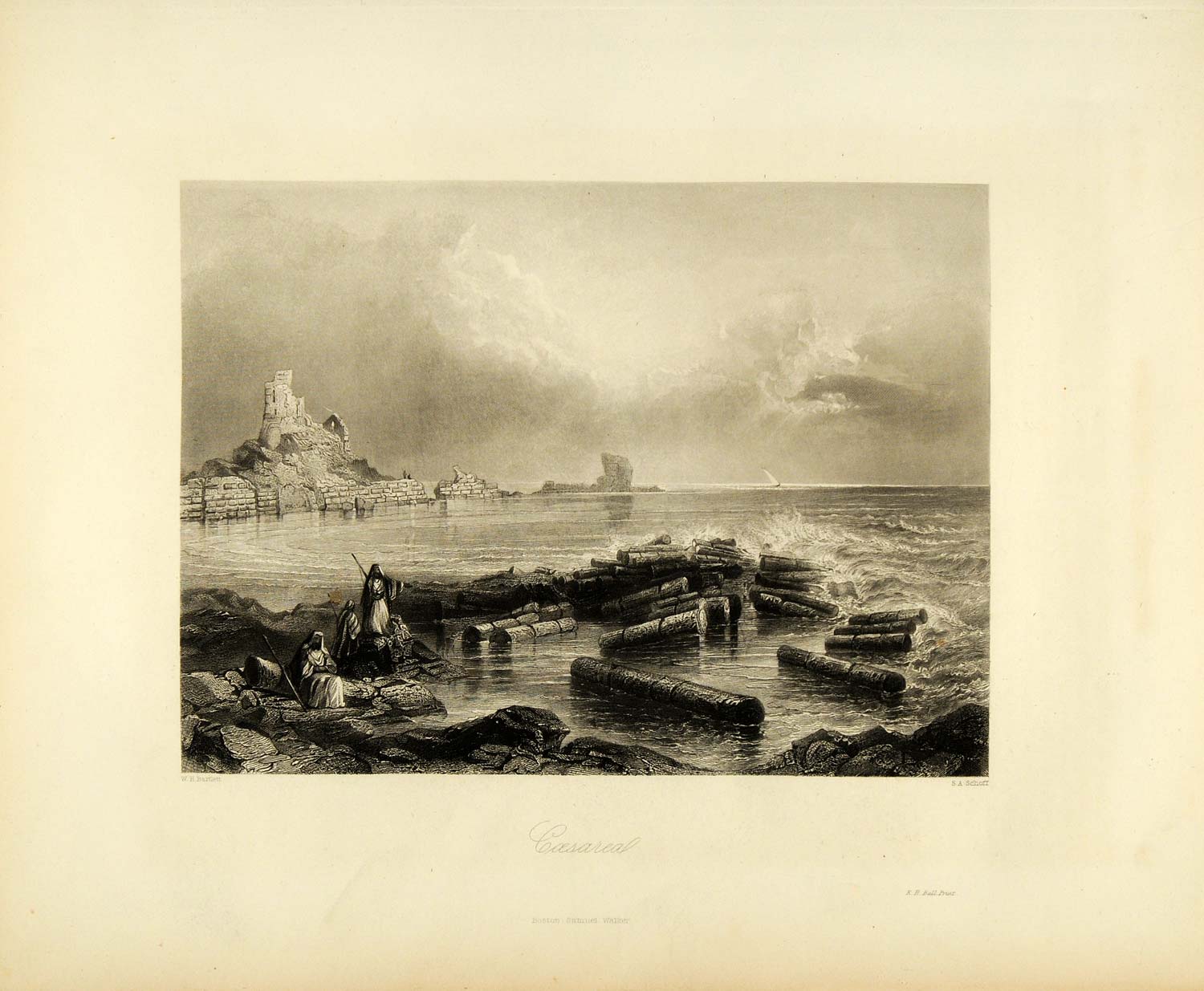 1849 Copper Engraving Caesarea Israel Architecture Ruins Boat Mediterranean XHA2