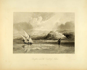 1849 Copper Engraving Sarepta Sidon Lebanon Coast Ship Boat Bartlett Camel XHA2