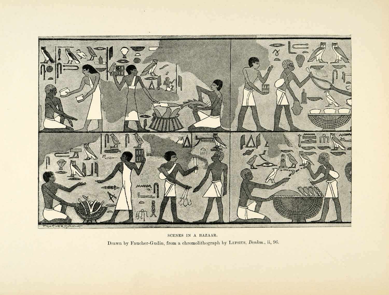 1903 Print Bazaar Faucher-Gudin Lepsius Denkm Trade Hieroglyphics Egypt XHA3