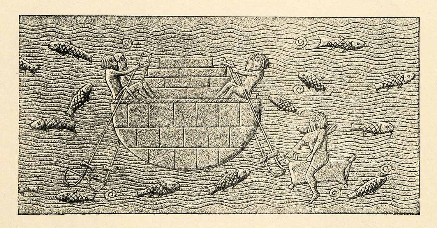 1903 Print Faucher-Gudin Bas-Relief Koyunjik Kufa Gufa Fishing Boat Skin XHA3
