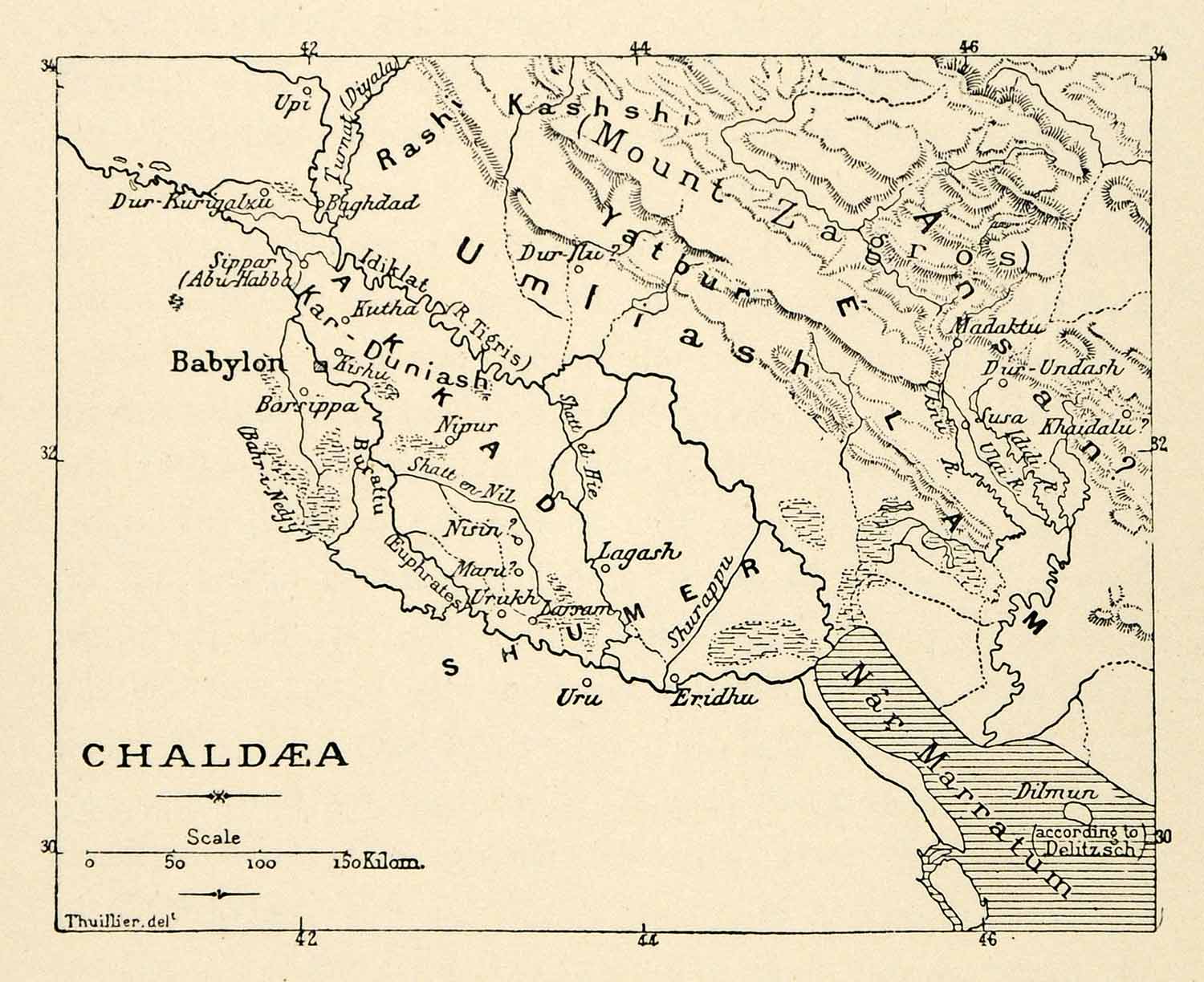 1903 Print Ancient Chadea Map Thuillier Umliash Zagros Kashshi Babylon XHA3