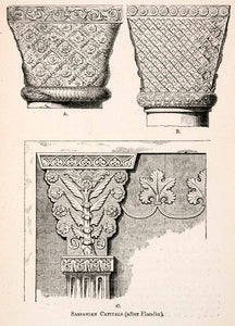 1876 Wood Engraving Capitals Pillars Columns Sassanian Empire Persia Iran XHA5