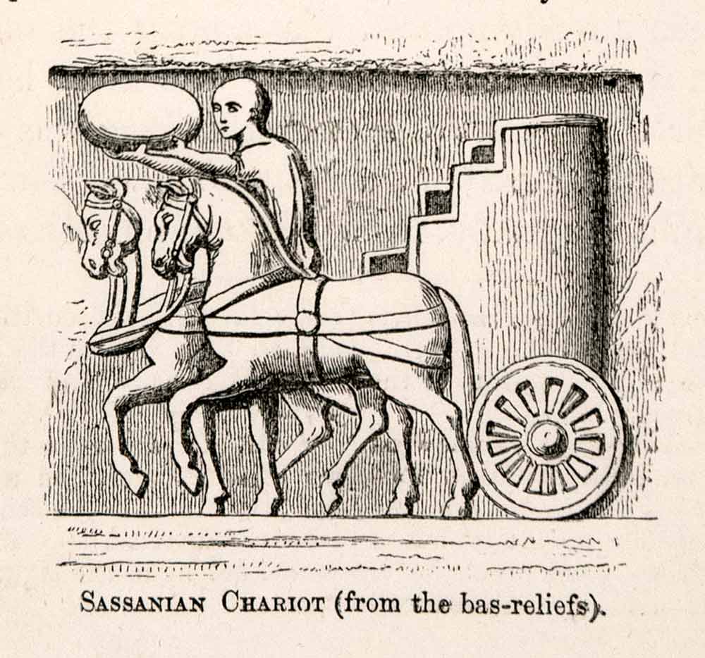 1876 Wood Engraving Bas Rock Relief Sassanian Chariot Horse Sassanid Empire XHA5