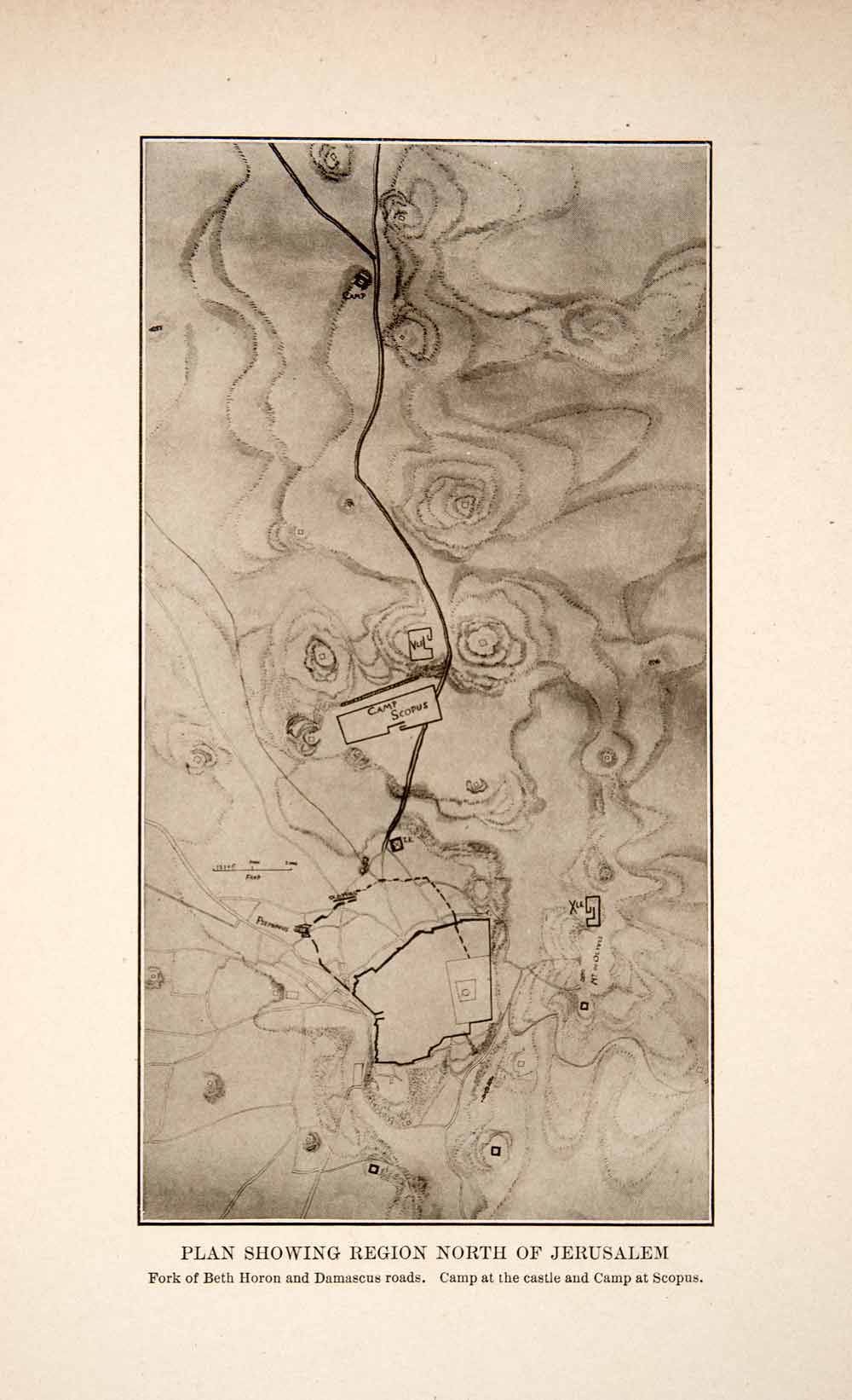 1908 Print Jerusalem Beth Horon Israel Damascus Scopus Camp Plan Map Middle XHA7