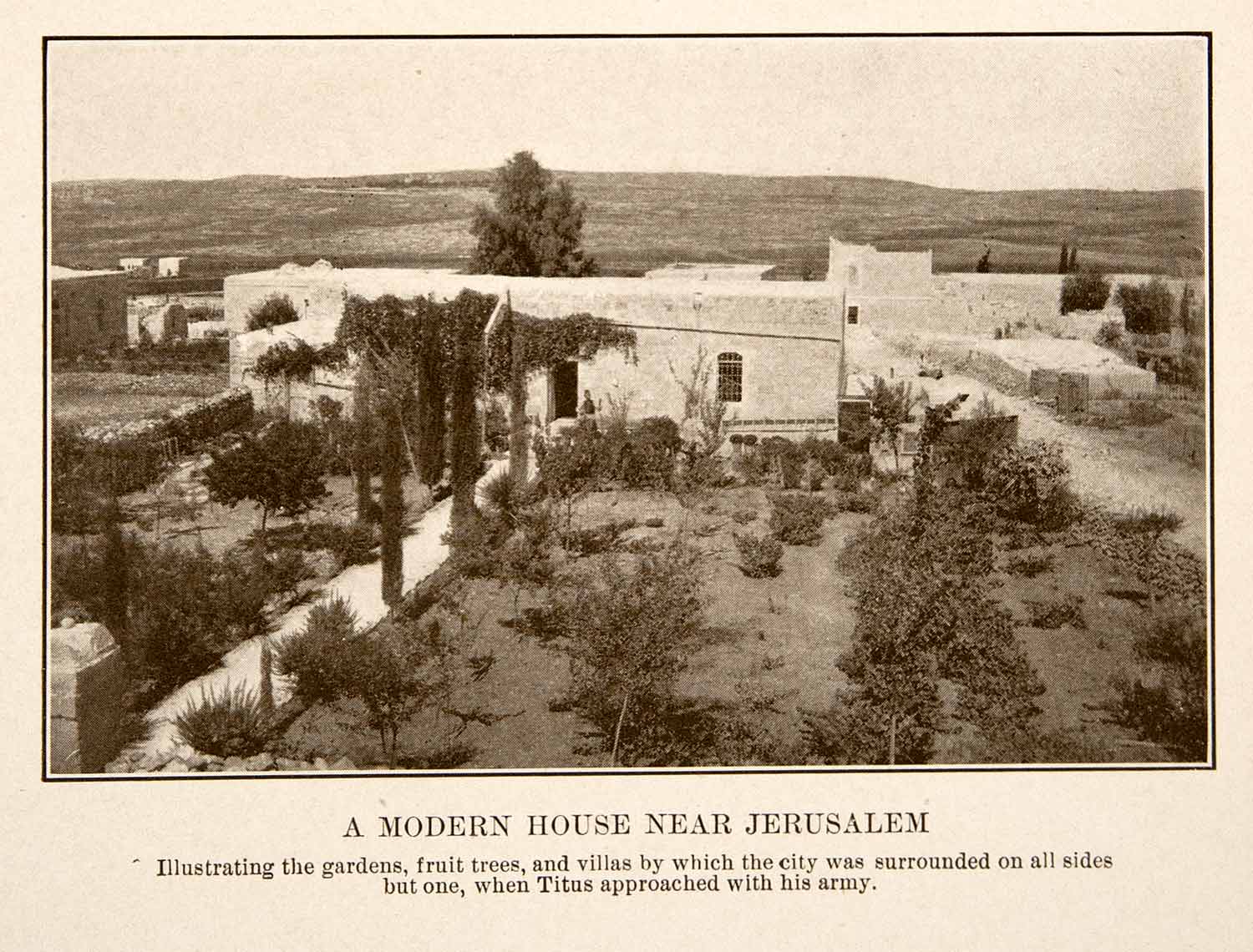 1908 Print Jerusalem House Garden Tree Desert Israel Villa View Middle East XHA7