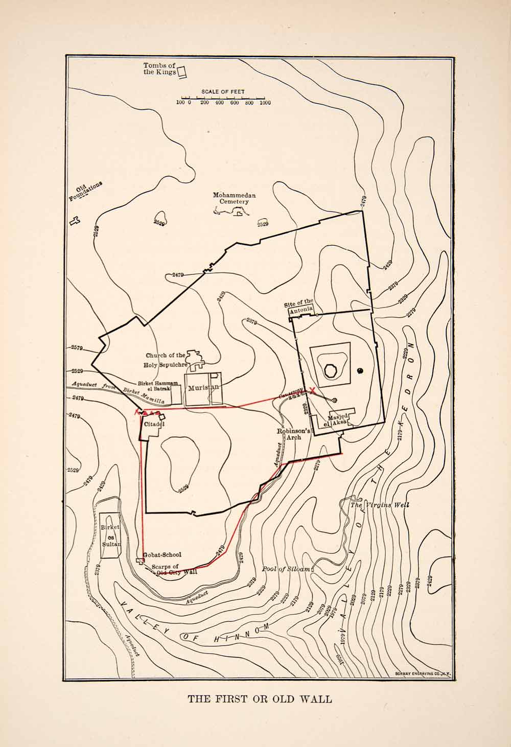 1908 Print Jerusalem Map Plan Elevation Old City Wall Muristan Gobat School XHA7