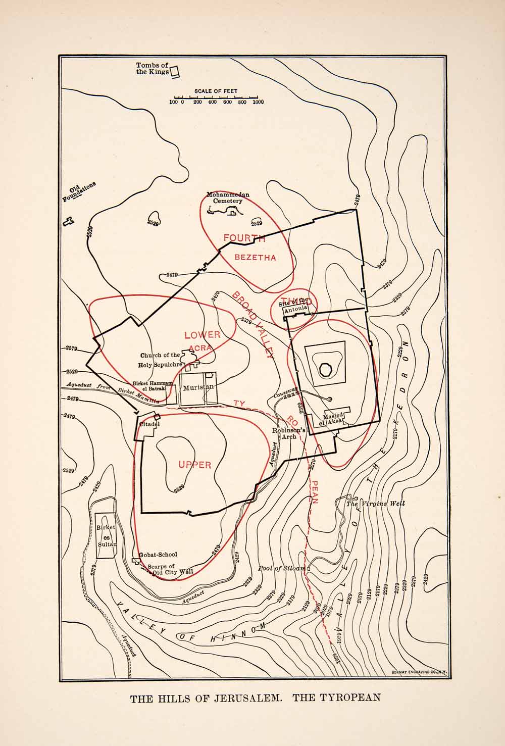 1908 Print Map Hill Jerusalem Israel Bezetha Upper Hinnom Acra Tyropean XHA7