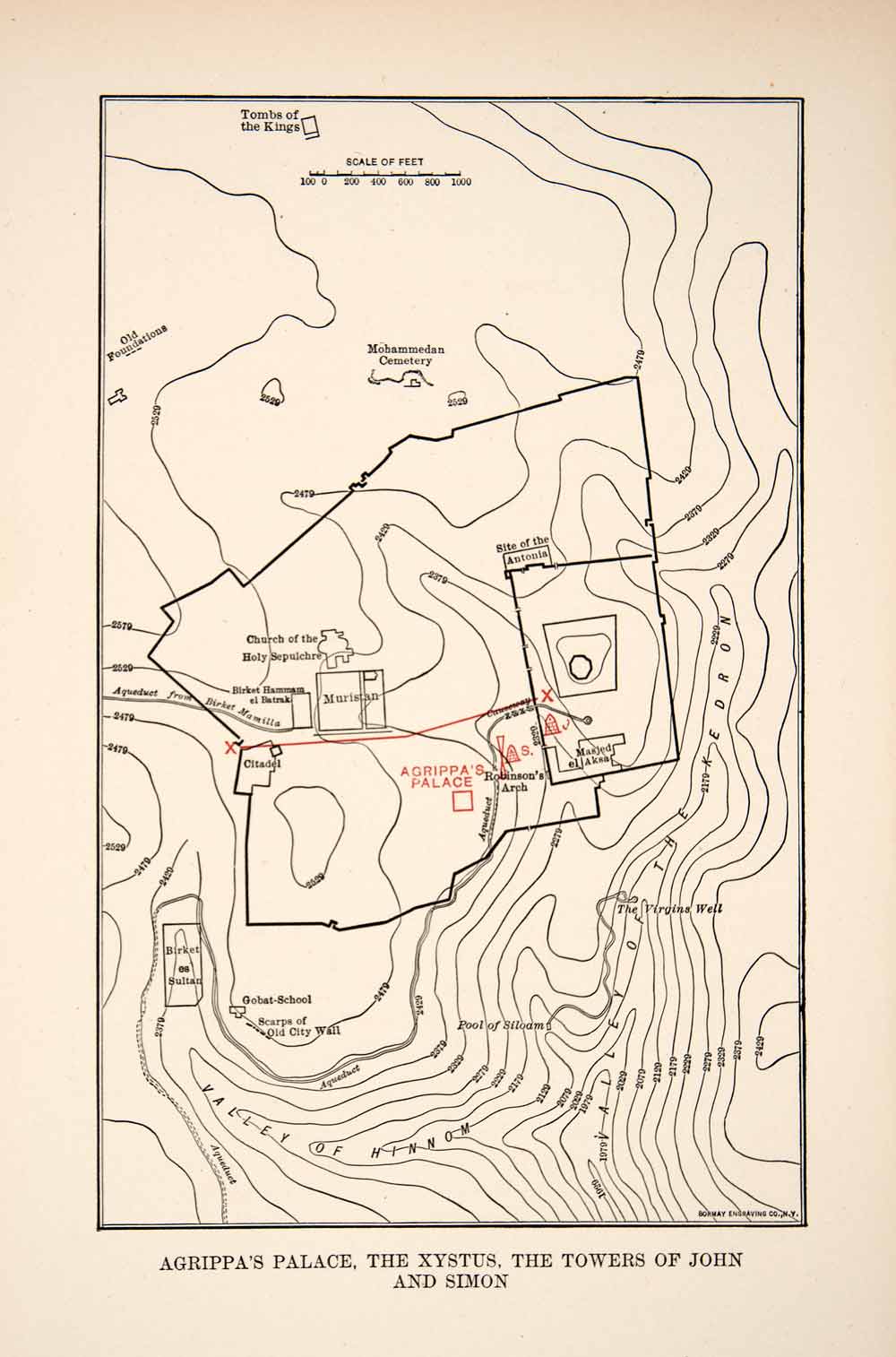 1908 Print Agrippa Palace Jerusalem Map Xystus John Simon Tower Israel XHA7