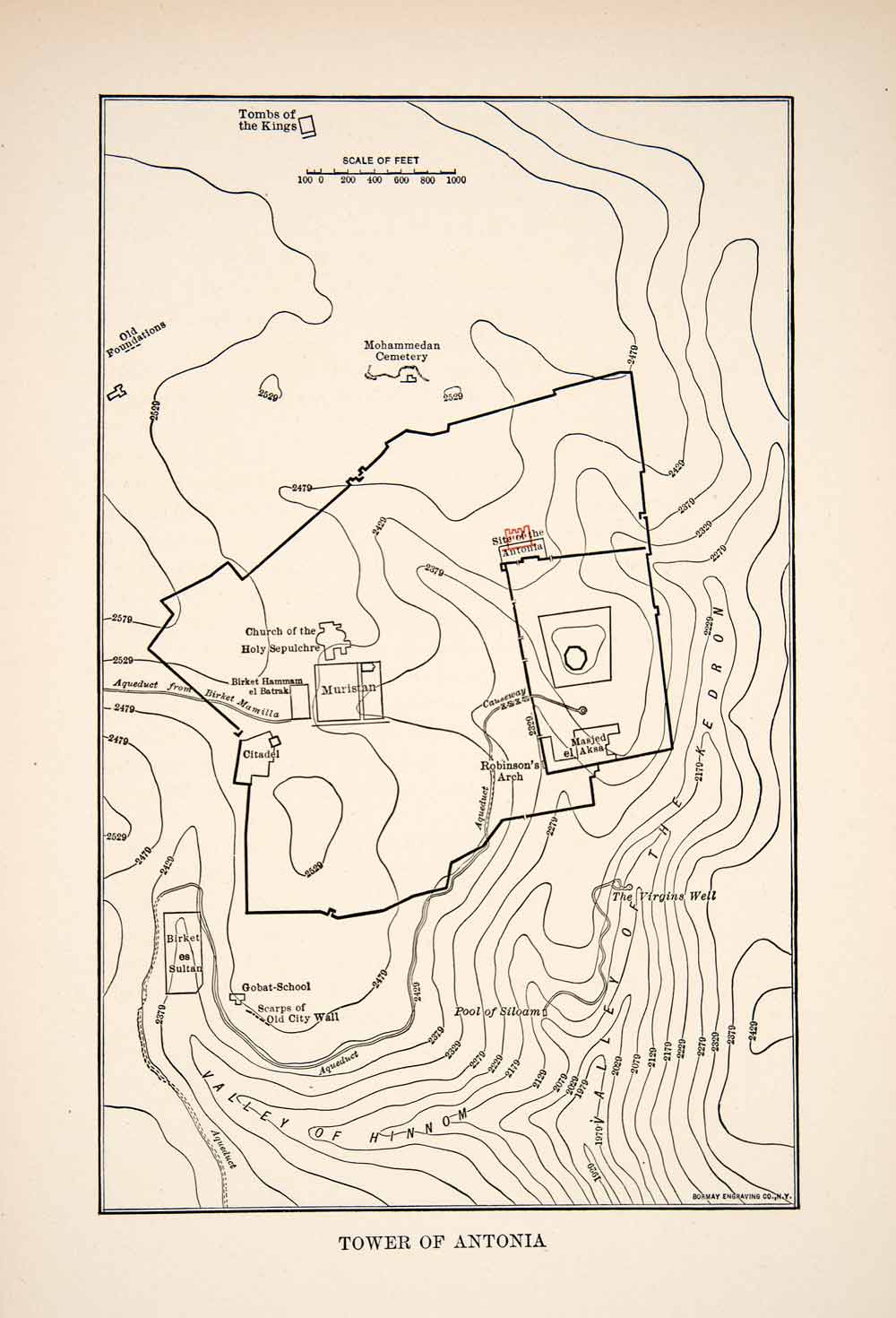 1908 Print Tower Antonia Map Jerusalem Elevation Historical Hinnom Gobat XHA7