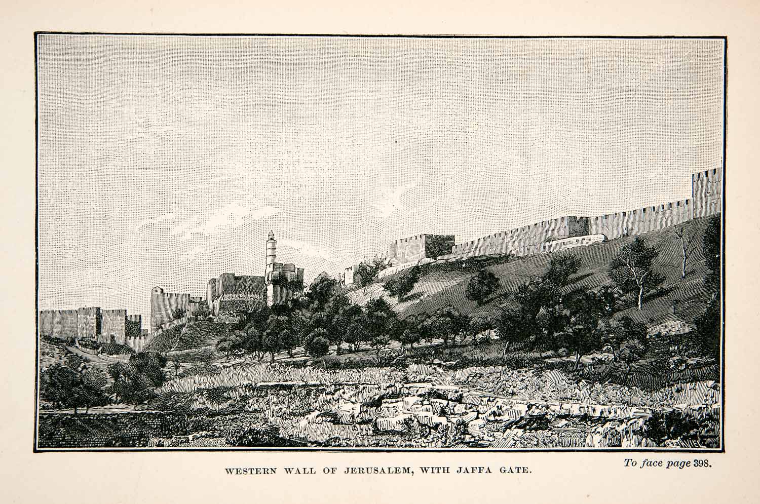 1891 Wood Engraving (Photoxylograph) Western Wall Jerusalem Jaffa Gate Old XHA8