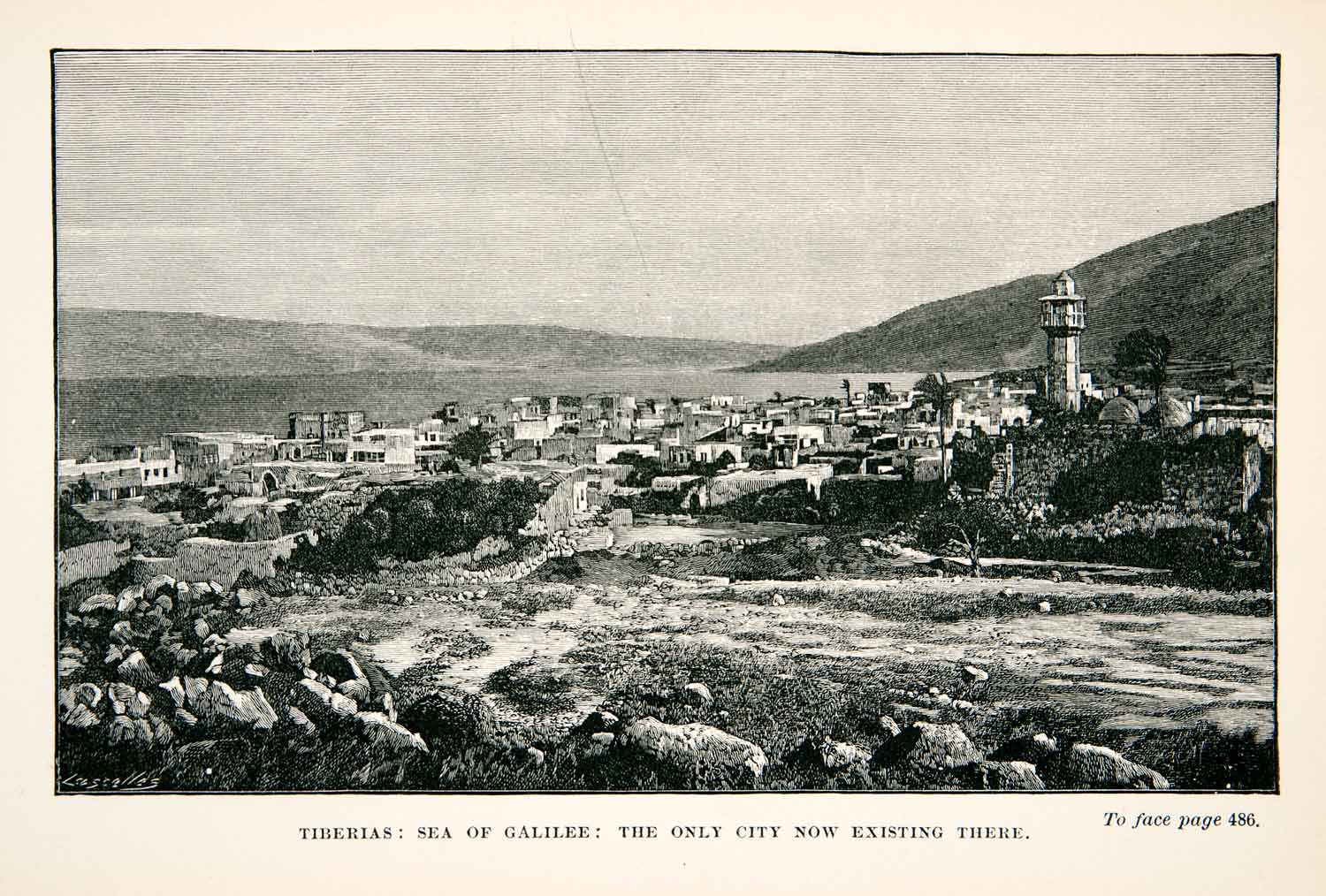 1891 Wood Engraving (Photoxylograph) Tiberias Sea Galilee Cityscape Israel XHA8