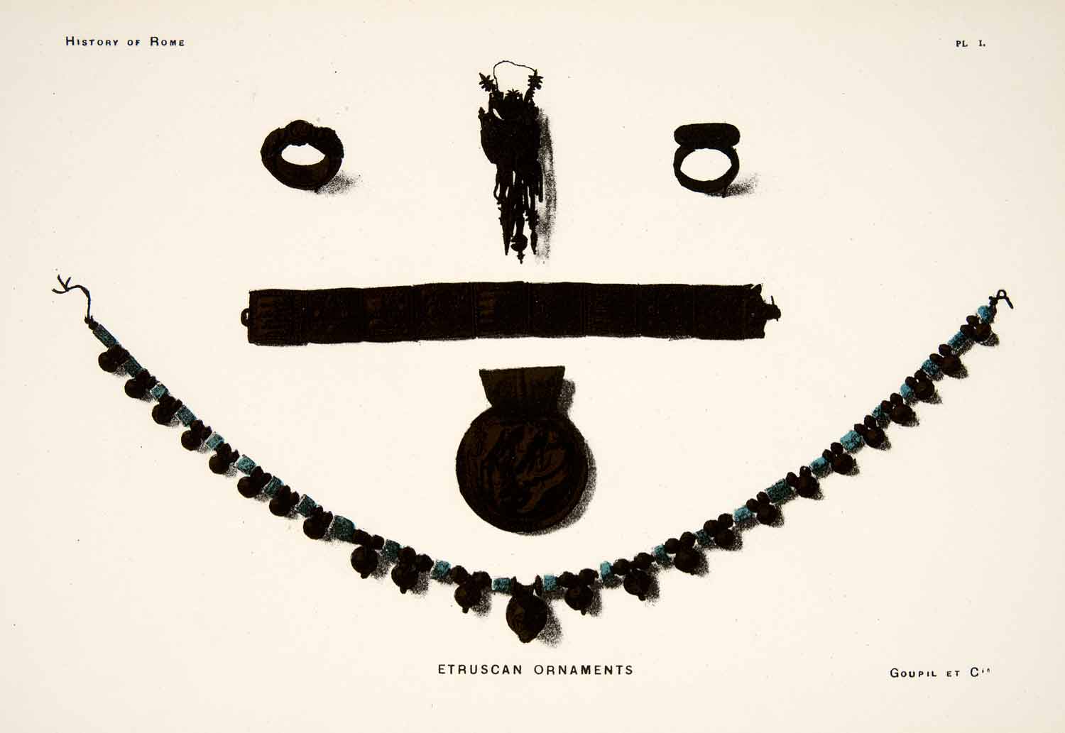 1890 Chromolithograph Ancient Etruscan Ornamental Artifacts Handicraft XHB2