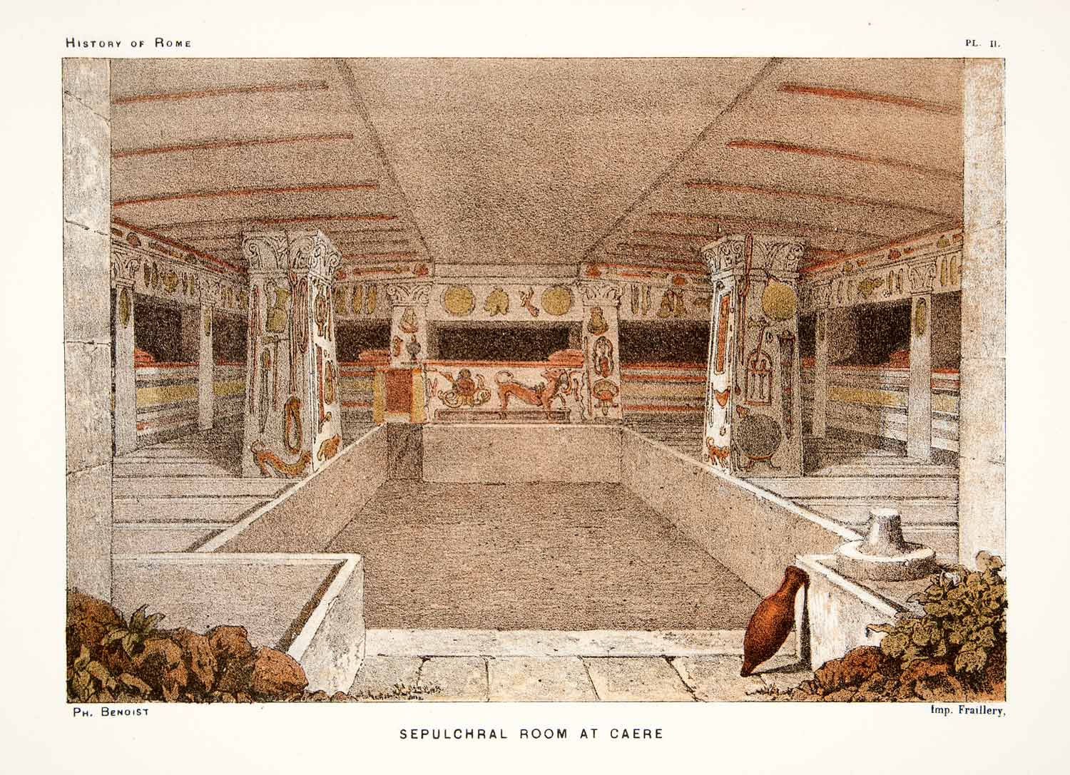 1890 Chromolithograph Ancient Caere Italy Tomb Sepulchral Interior View XHB2