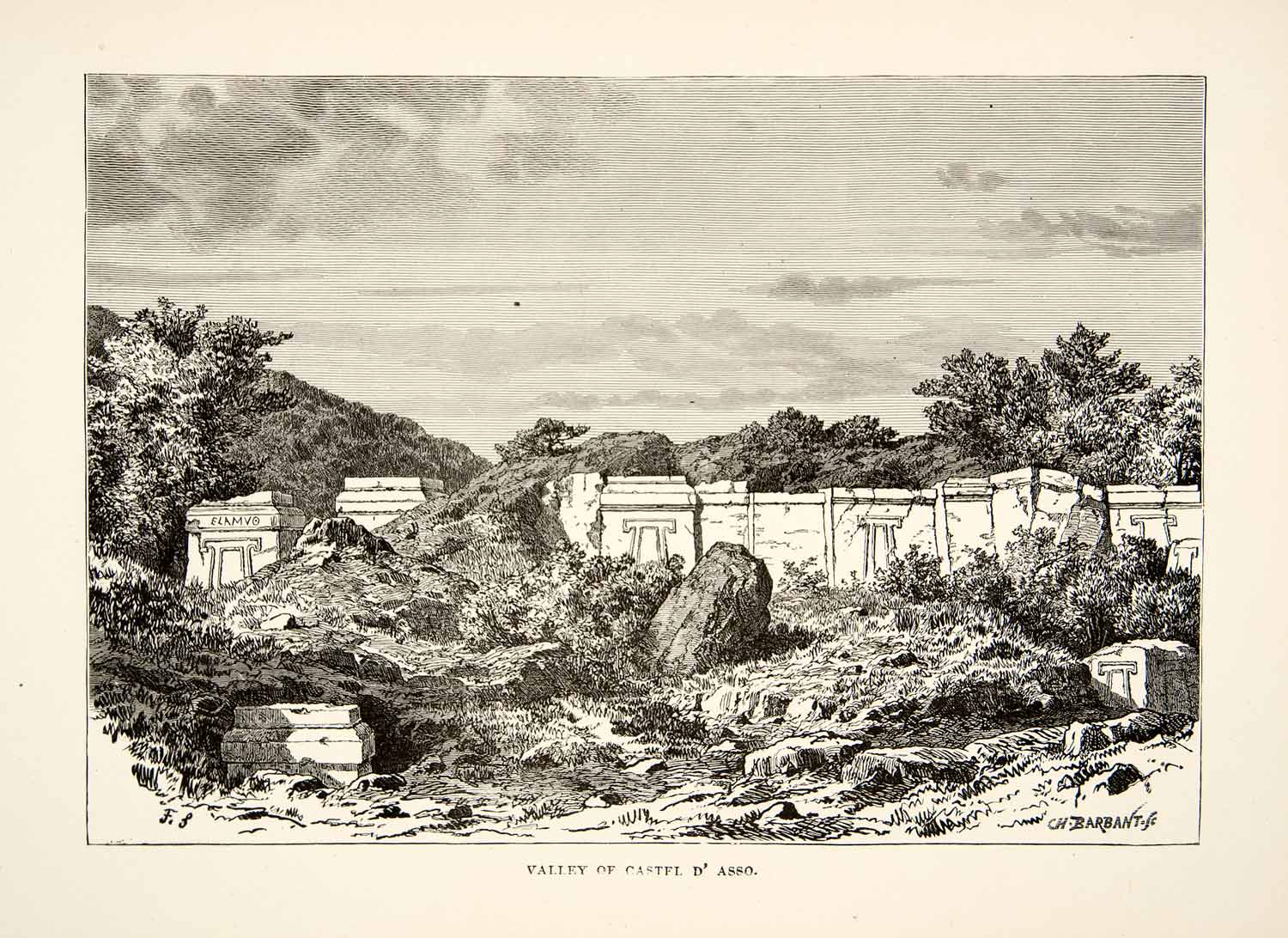 1890 Wood Engraving (Photoxylograph) Castel d'Asso Italy Archaeology Ruins XHB2