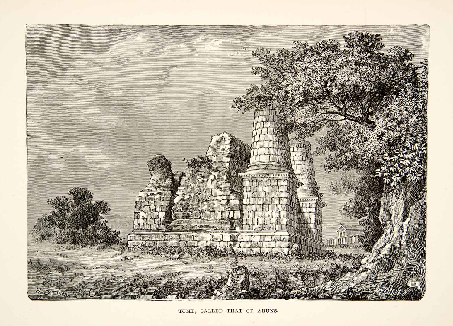 1890 Wood Engraving (Photoxylograph) Ancient Rome Roman Italy Aruns Tomb XHB2