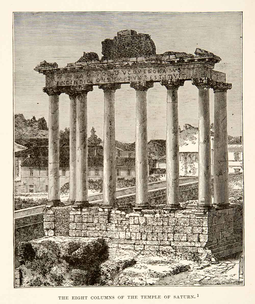 1890 Wood Engraving (Photoxylograph) Ancient Temple Saturn Ruins Rome Italy XHB2