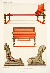 1890 Chromolithograph Ancient Pompeian Bronze Furniture Couch Sofa Decor XHB2