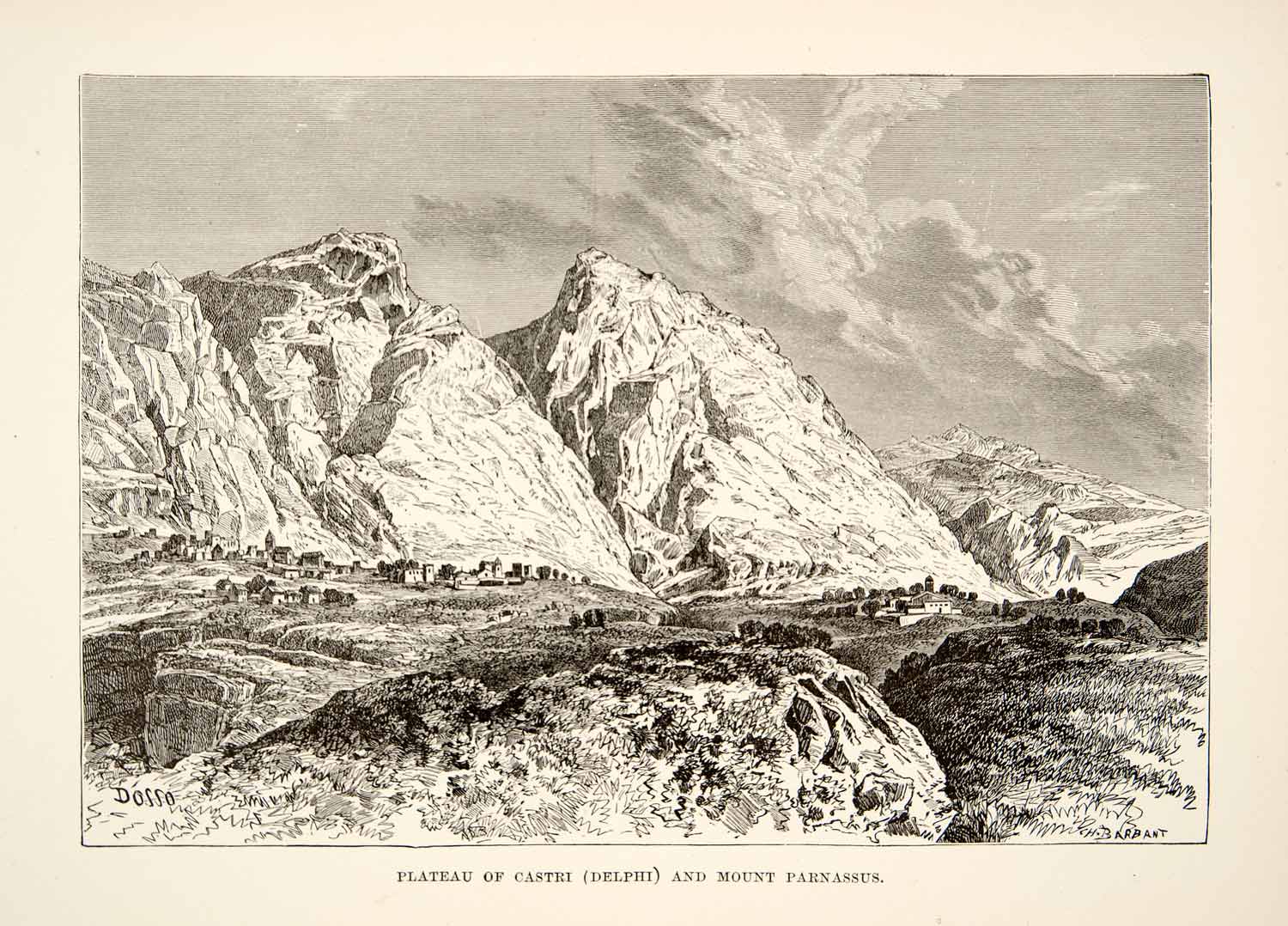 1890 Wood Engraving Mount Parnassus Castri Delphi Greece Landscape XHB2