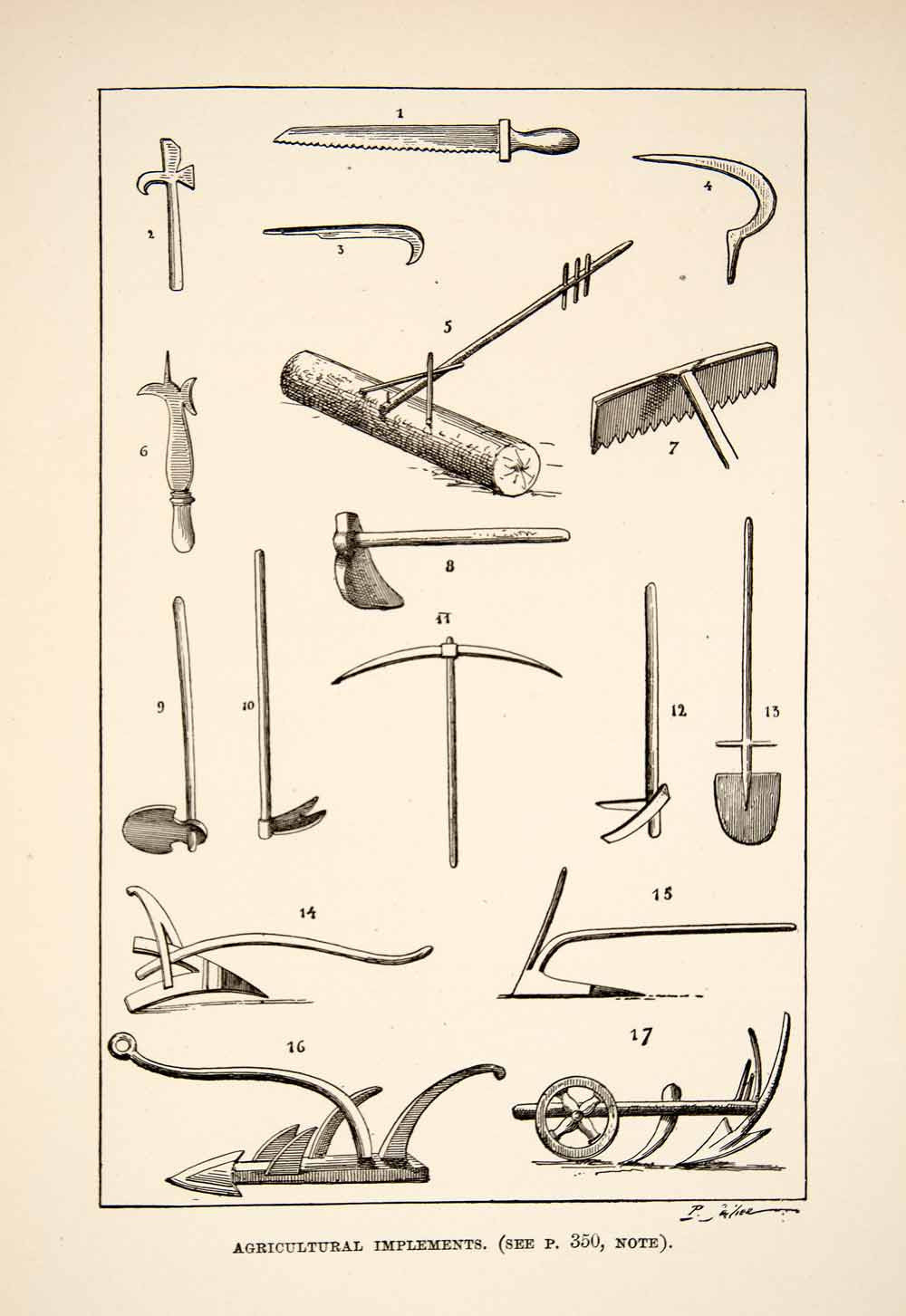 1890 Print Ancient Greek Roman Agricultural Farming Implement Tools XHB2