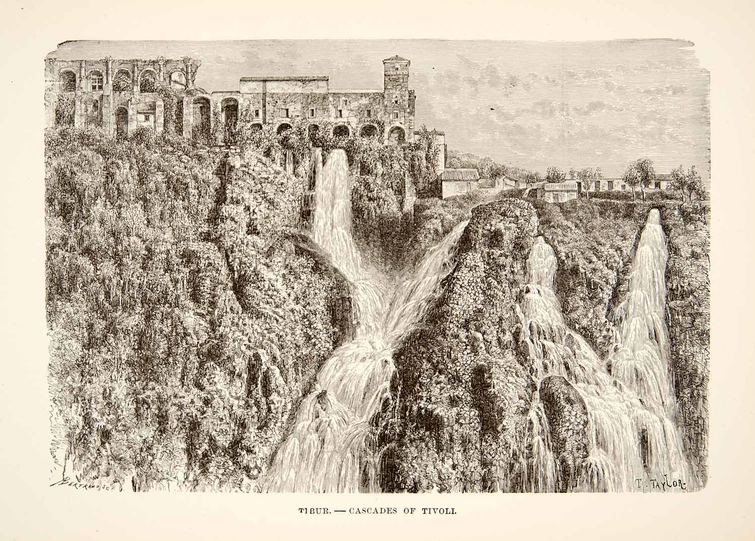1890 Wood Engraving (Photoxylograph) Tivoli Italy Tiber River Waterfalls XHB2