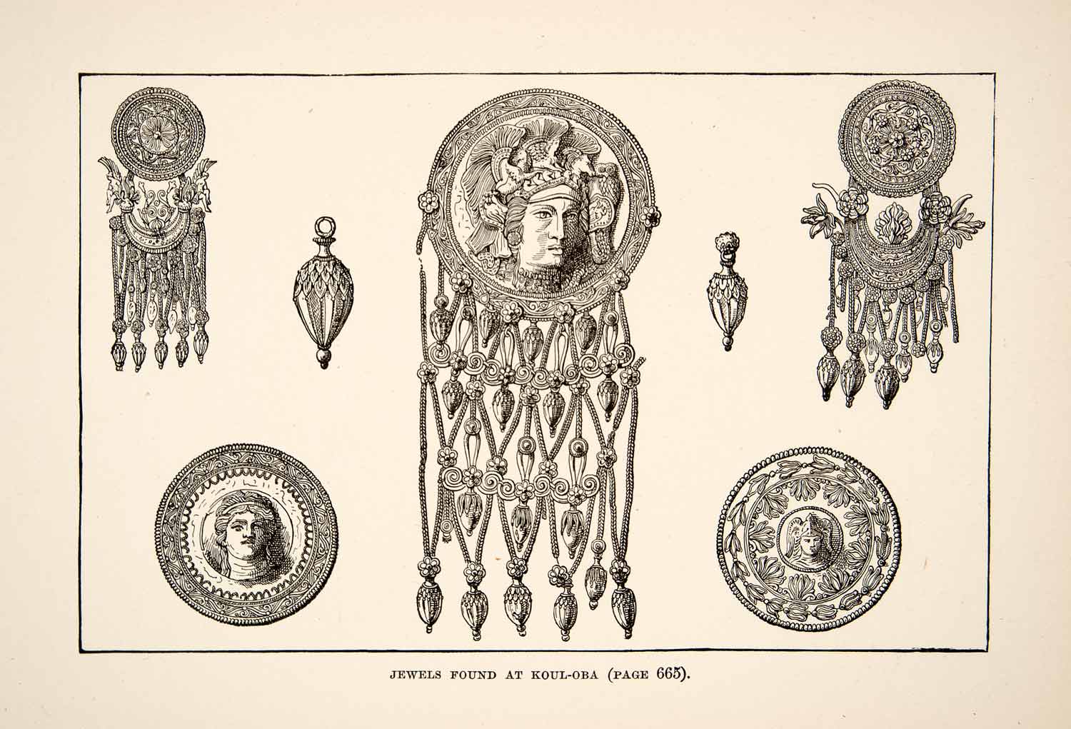 1890 Print Kul-Oba Archaeological Ancient Jewelry Crimea Ukraine Pendents XHB2