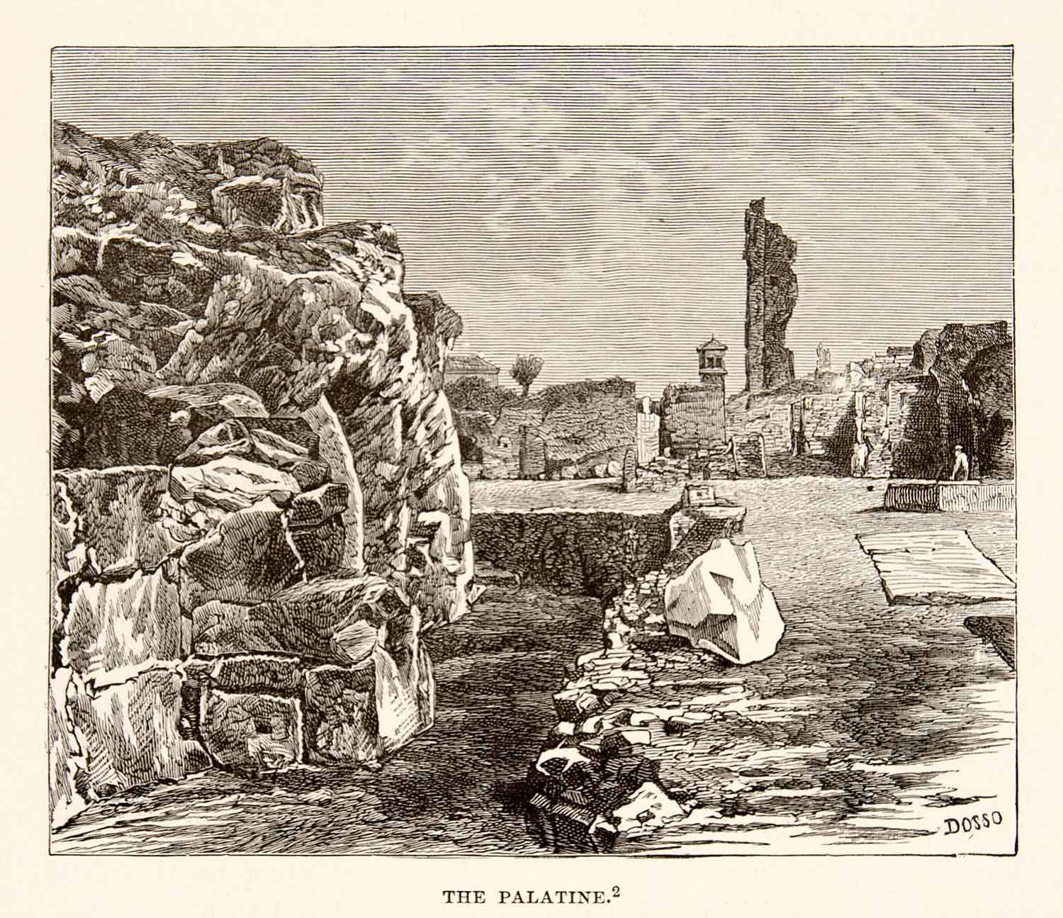 1890 Wood Engraving Art Palatine Hill Rome Italy Ancient Roman Ruins XHB2
