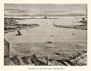 1890 Wood Engraving (Photoxylograph) Brindisi Harbor Apulia Italy Bay XHB2