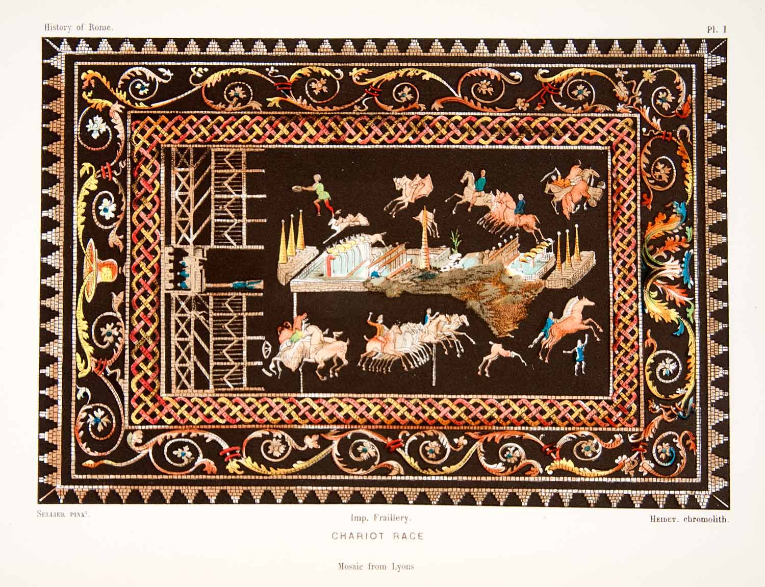 1890 Chromolithograph Art Ancient Mosaic Lyons France Chariot Race XHB2