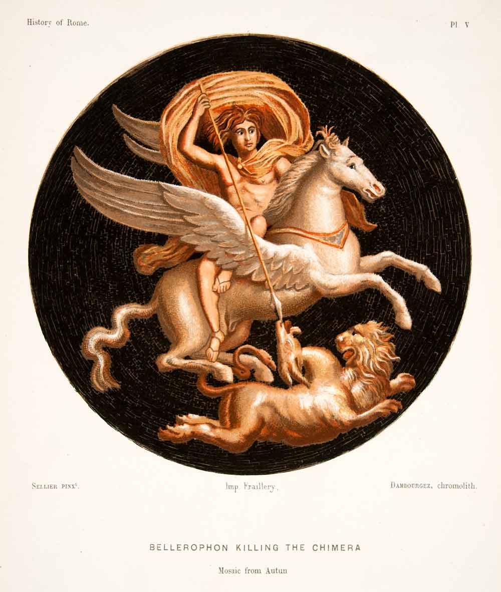 1890 Chromolithograph Art Bellerophon Greek Mythology Chimera Beast Homer XHB2