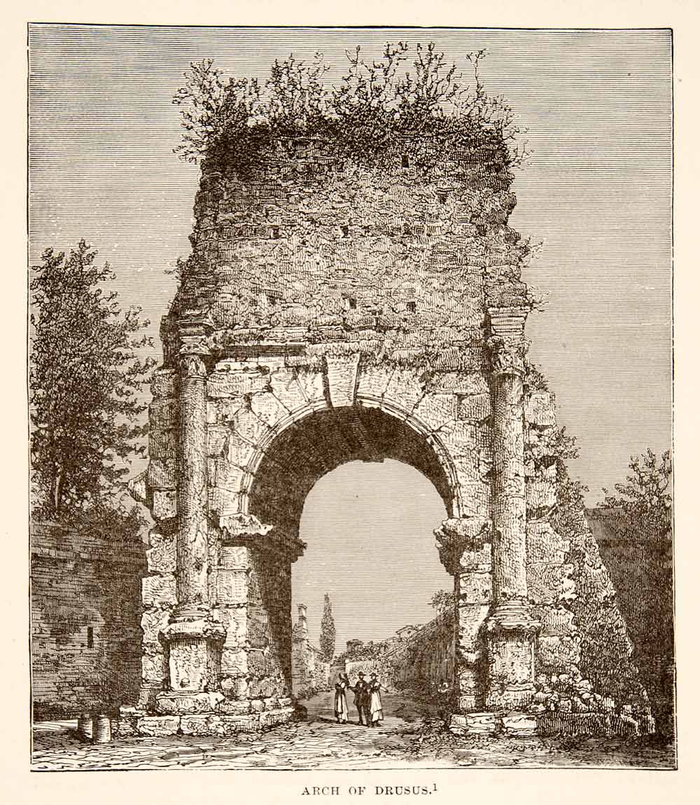 1890 Wood Engraving (Photoxylograph) Ancient Arch Drusus Rome Ruins XHB2